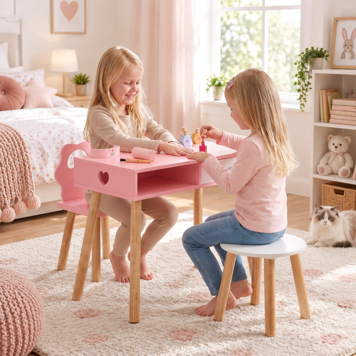 Airfind Wooden Youth Styling Salon Playset featuring Chair and Stool, Dressing and Styling Activity Kit with Eye Shadow, 66 lbs Capacity, Pink