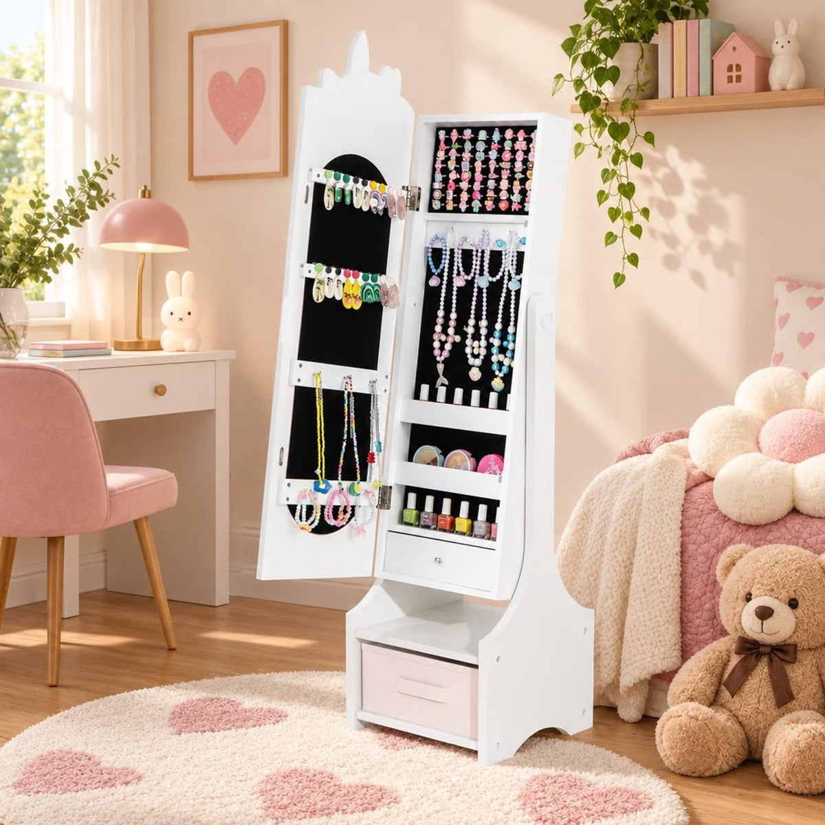 Airfind Kids Jewelry Armoire Cabinet with Storage and 2 Tilt Angles, MDF Frame, 12.5 x 12 x 45.5 Footprint, White