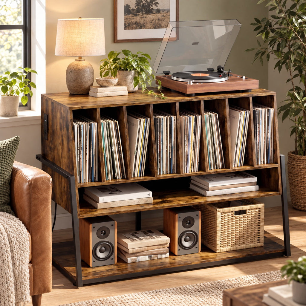Airfind Turntable Stand with Charging Station and Vinyl Storage Shelves, 44 lbs Capacity, Engineered Wood MDF Metal Frame, Brown