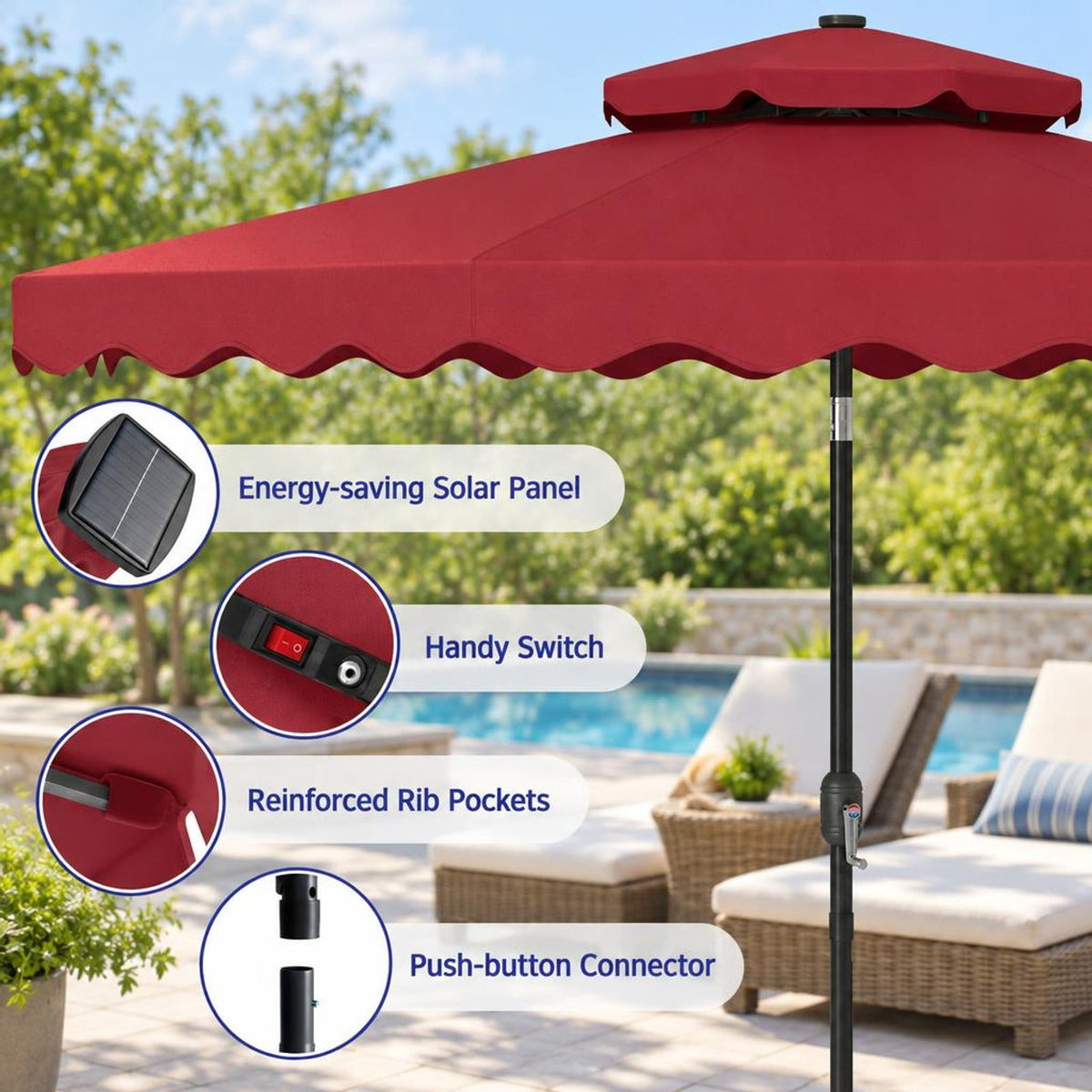Airfind 9 FT Solar LED Patio Umbrella Push-Button Tilt and Crank 24 LED Lights and 8 Ribs, Polyester Fabric Metal Frame, 9 x 8.2 ft Footprint, Red