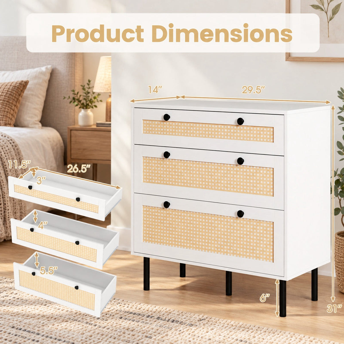Airfind 3-Drawer Rattan Nightstand Boho Chest of Drawers for Bedroom, 66 lbs Capacity, Engineered Wood MDF Metal Frame, 29.5 x 14 x 31 Footprint