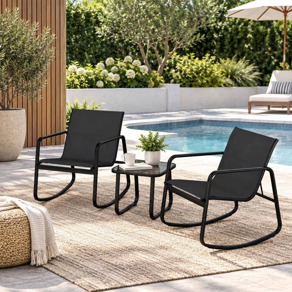 Airfind 2 Rocking Bistro Chairs and Glass-Top Table for Porch Yard Balcony, 330 lbs Capacity, Metal Fabric Tempered Glass Frame, Black