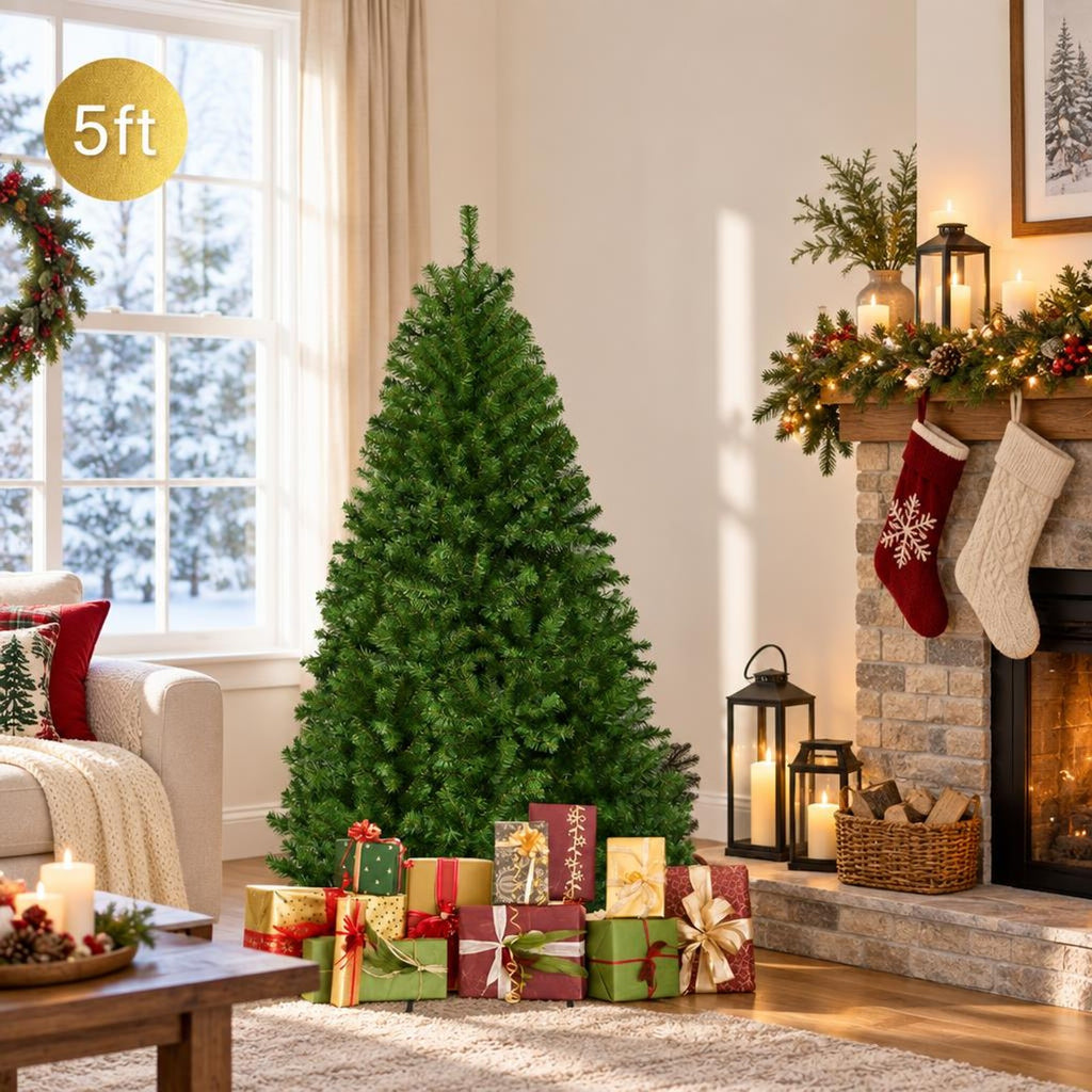 Airfind Artificial Premium Hinged Christmas Tree-5 ft, PVC Frame, 0.9in x 1.6in x 2in Footprint, Green Adapter: UL-certified