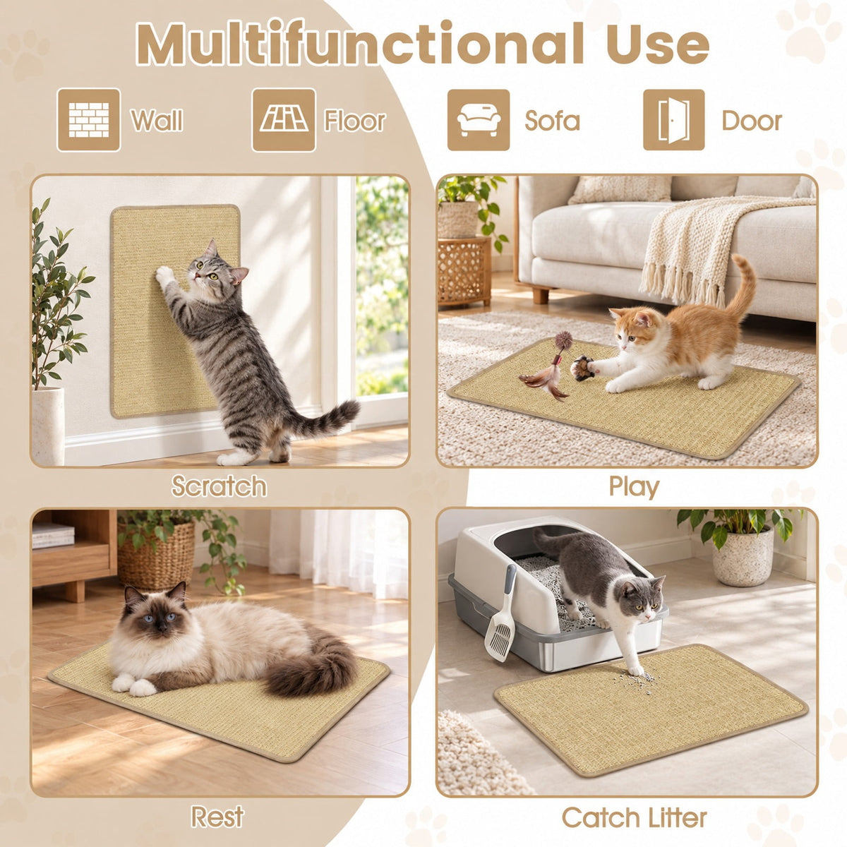Airfind Cat Scratching Mats Set of 6 with Natural Sisal Surface, Self-Adhesive Tape and Anti-Slip Latex Backing, 16 x 12 Inches, Natural