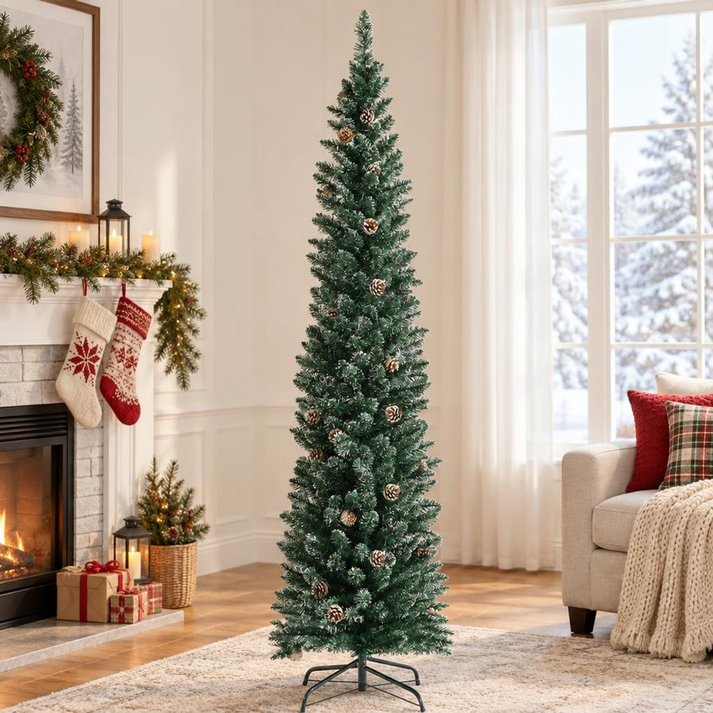 Airfind 7 Ft Pencil Christmas Tree featuring Snowy PVC Branches, 351 Tips, 41 Pine Cones and Foldable Metal Stand for Holiday Decor, Green