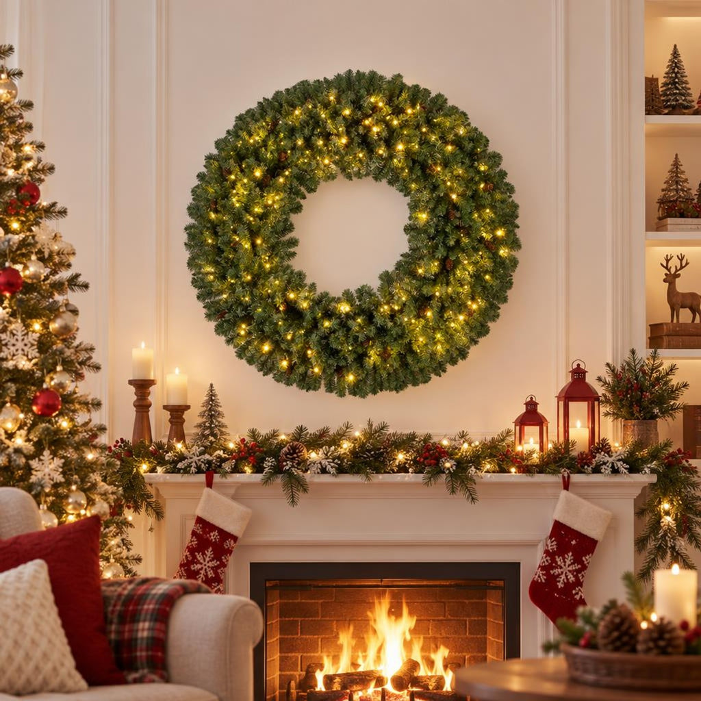Airfind 60 Inch Pre-Lit Artificial Christmas Wreath 200 LED Warm White Lights-1 Piece, PVC Metal Frame, 60 x 60 Footprint, White