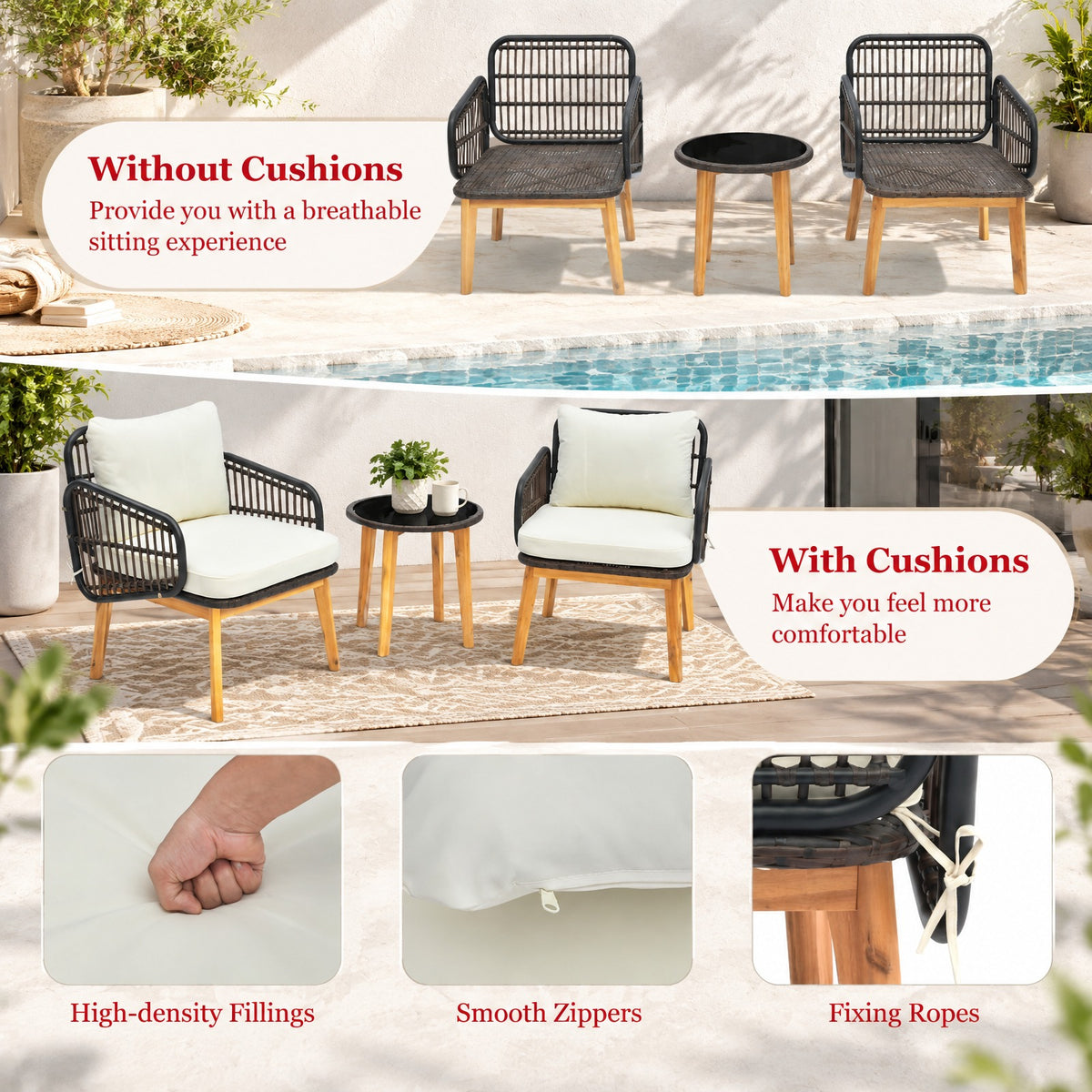 Airfind 3 Pieces Patio Furniture Set with Cushioned Chairs and Tempered Glass Side Table, 19 x 19.5 Footprint, Black