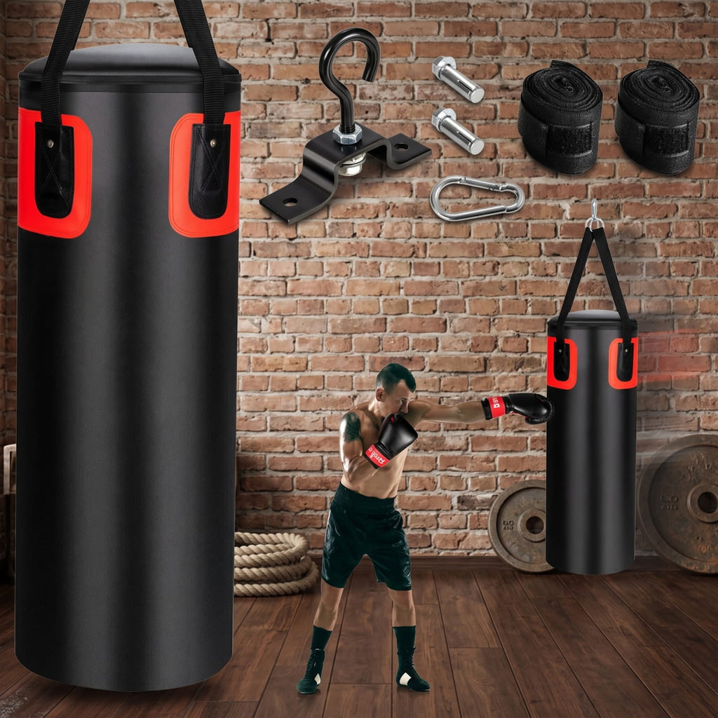 Airfind 56 Pound Filled Hanging Punching Bag Set for Adults with Hand Wraps and Boxing Gloves for Home Boxing Training, Black