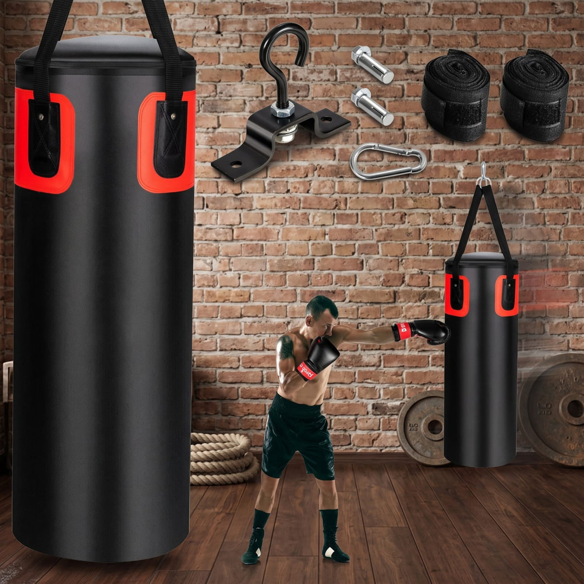 Airfind 56 Pound Filled Hanging Punching Bag Set for Adults with Hand Wraps and Boxing Gloves for Home Boxing Training, Black
