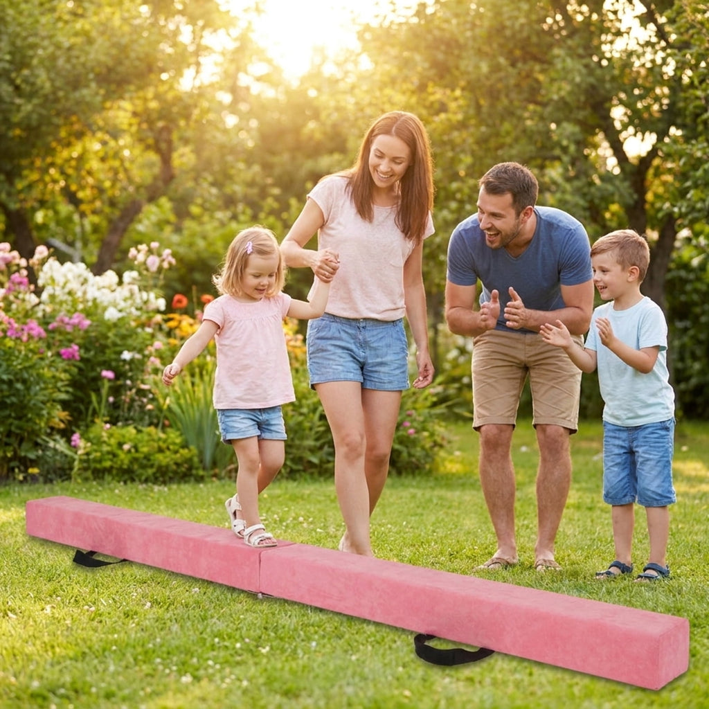 Airfind 9 ft Folding Gymnastics Balance Beam with Suede Cover, Pine Wood Core and Non-Slip Mat, Pink