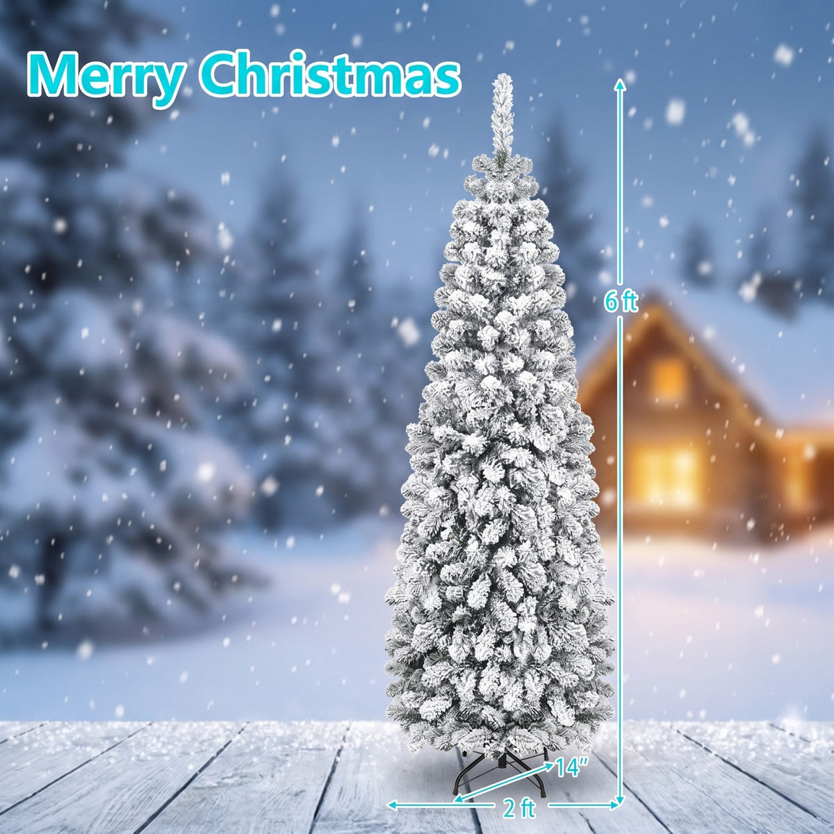 Airfind 6 Feet Unlit Hinged Snow Flocked Artificial Pencil Christmas Tree with 500 Branch Tip, PVC Metal Tree Height 6 ft Tree Width 2 ft Frame
