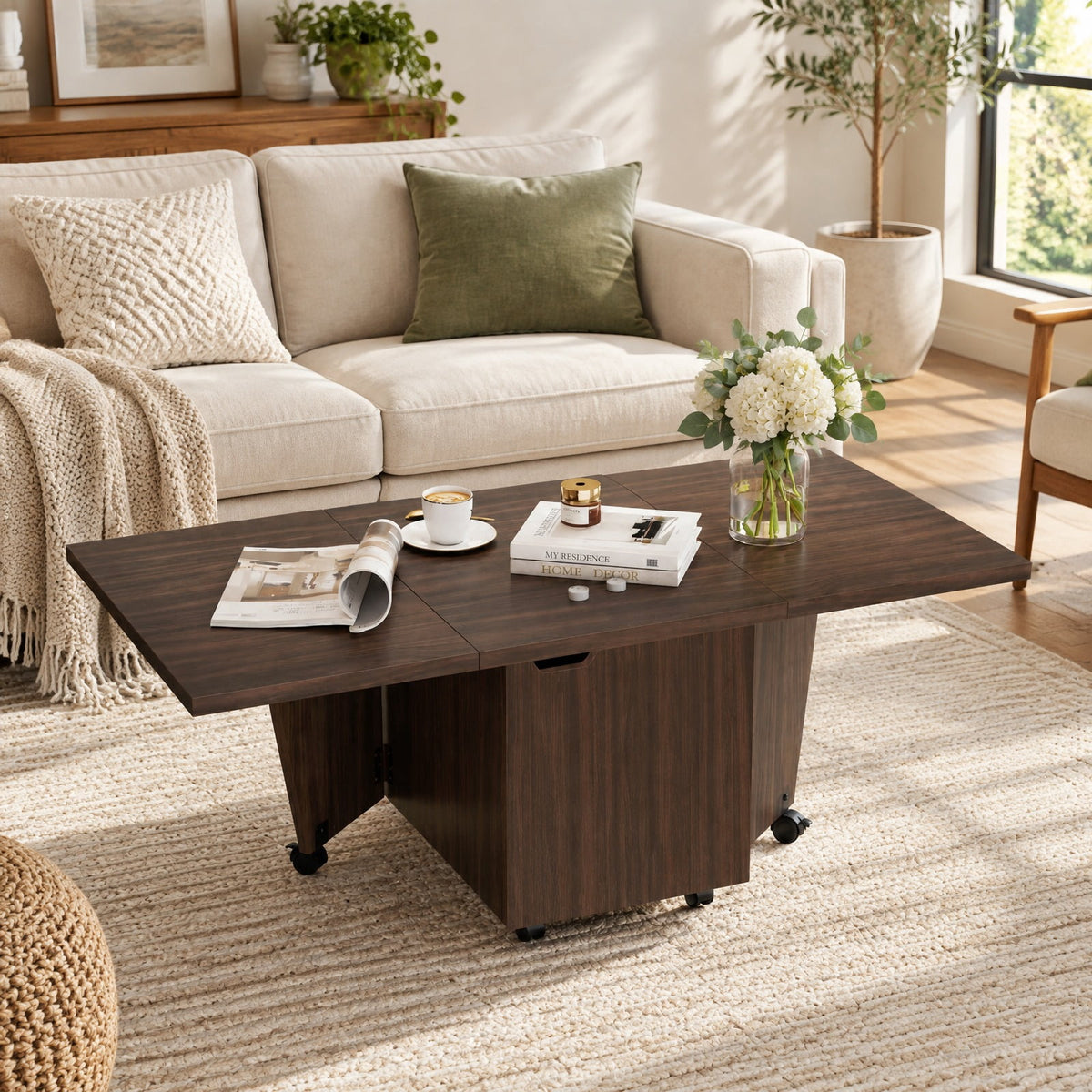 Airfind Foldable Coffee Table with Storage Cabinet Extendable Center Table, 155 lbs Capacity, Engineered Wood Frame, 48in x 24in x 18in Footprint