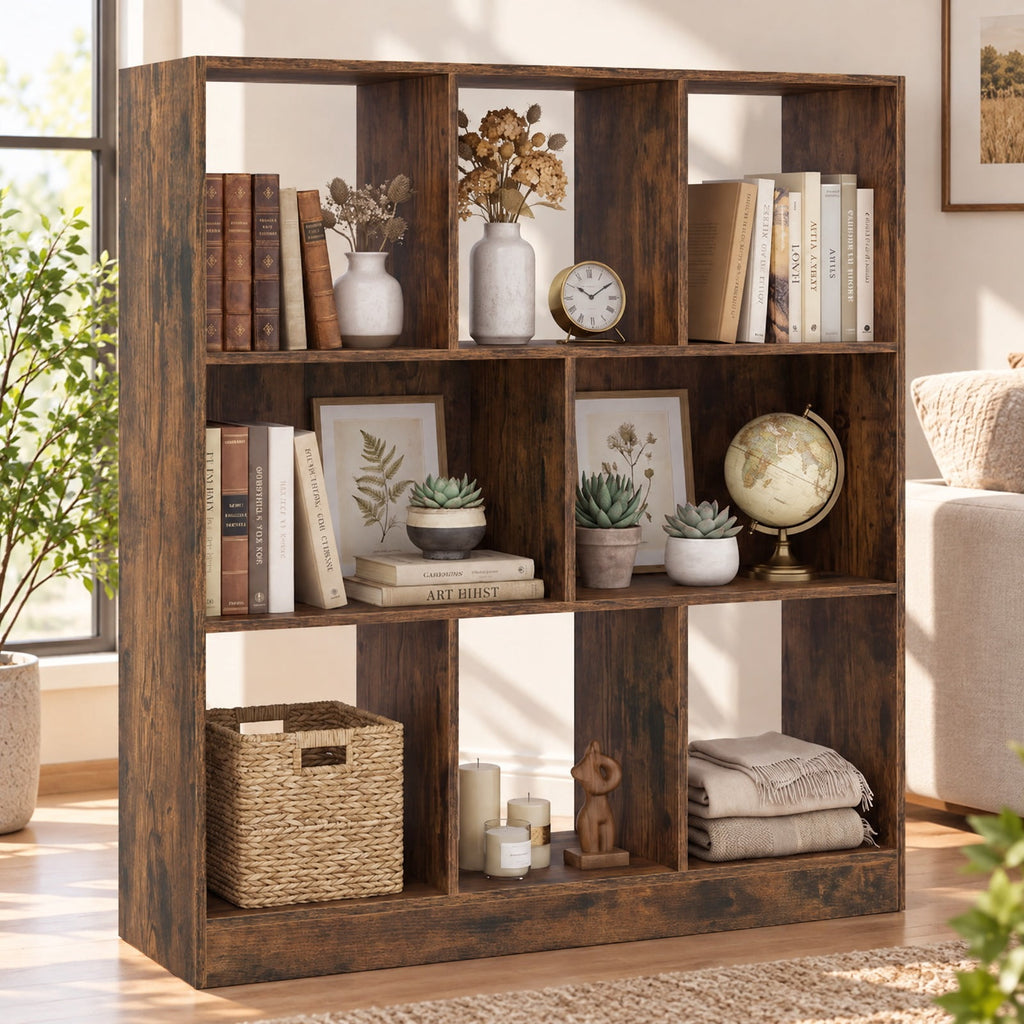 Airfind 8-Cube Bookcase 3-Tier with 2-Sized Compartments and Anti-Tip Kits for Living Room, 88 lbs Capacity, 35.5 x 11 x 39.5 Footprint, Brown