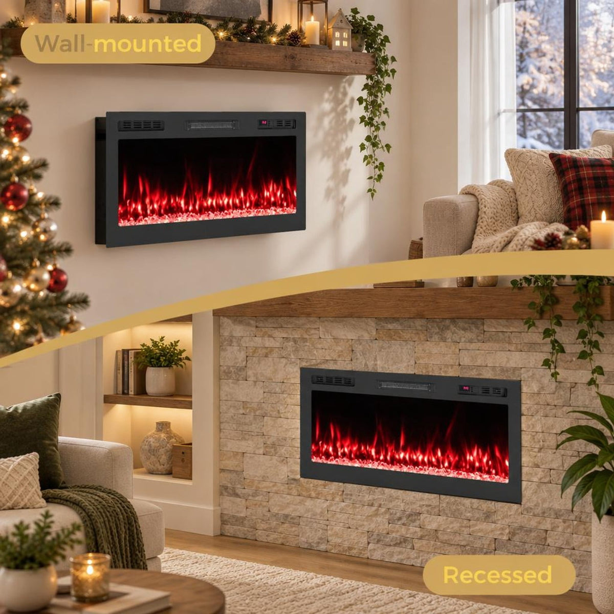 Airfind Smart WiFi Electric Fireplace Wall Mounted and Recessed 750W/1500W Heater-42 Inch, Black, Power Cord 5 ft Net Weight-36in 29.5 lbs