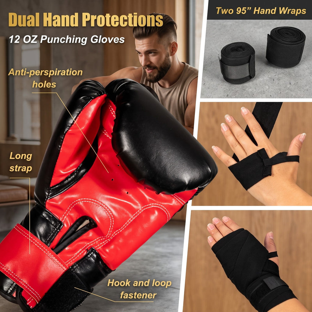 Airfind 63 lbs Filled Punching Bag Set with Boxing Gloves and Hand Wraps, Heavy Duty PVC Leather Freestanding Hanging Boxing Bag for Karate Muay Thai MMA, Black