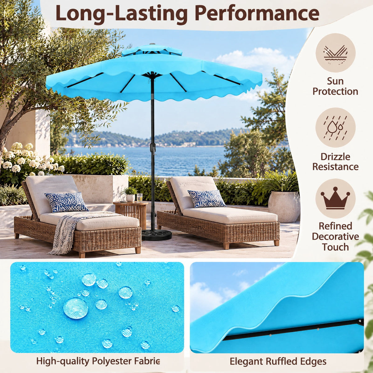 Airfind 9 FT Solar LED Patio Umbrella Push-Button Tilt and Crank 24 LED Lights and 8 Ribs, Polyester Fabric Metal Frame, 9 x 8.2 ft Footprint