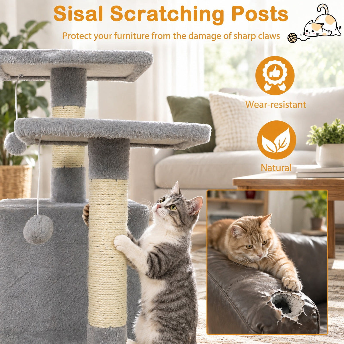 Airfind 57 Inch Cat Tree with Dual Condos and Hammock and 2 Dangling Balls, 29 x 16 Footprint, Light Gray