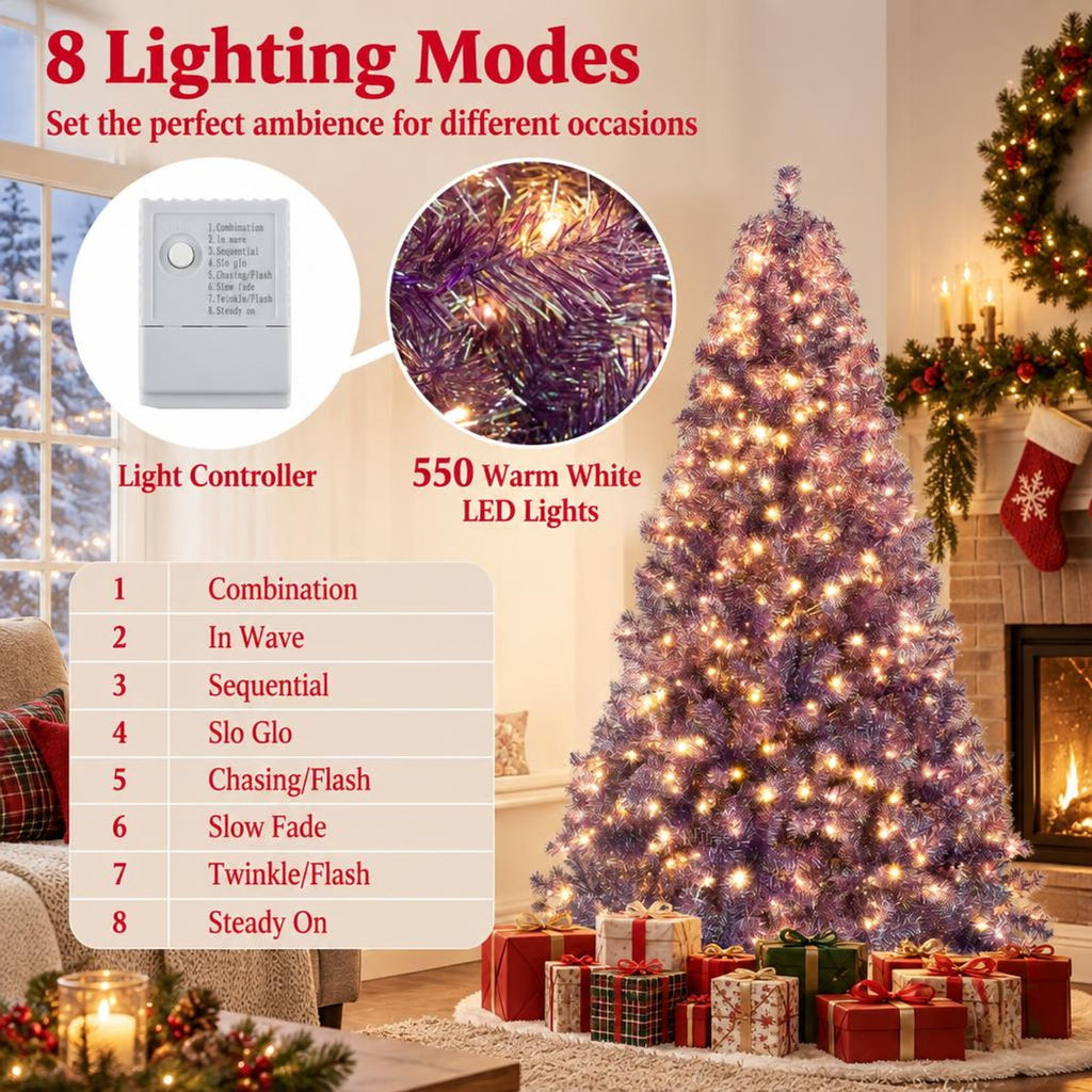 Airfind 7.5 FT Pre-Lit Purple Tinsel Christmas Tree with Warm White LED Lights, PVC and PET Artificial Fir Tree with Metal Stand, Purple