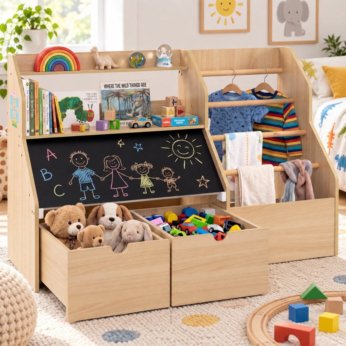 Airfind Kids Toy Storage Organizer with Flip-up Blackboard, Engineered Wood Pine Wood Frame, for 3+ Years Old, 41 Inch x 16 Inch x 28 Inch Footprint, Natural