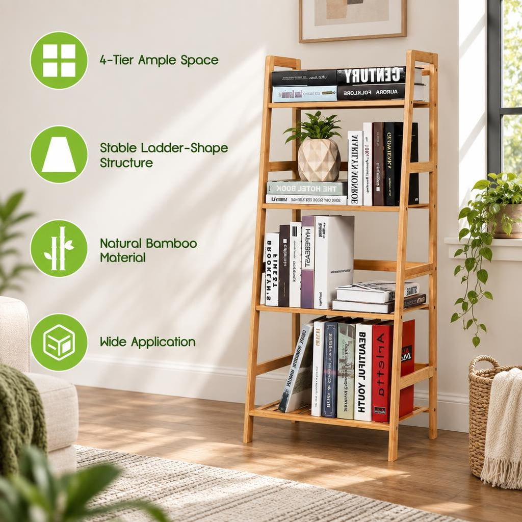 Airfind 4-Tier Bamboo Plant Rack with Guardrails Stable and Space-Saving, 22 lbs per tier Capacity, Bamboo Frame, 19 x 12.5 x 45 Footprint