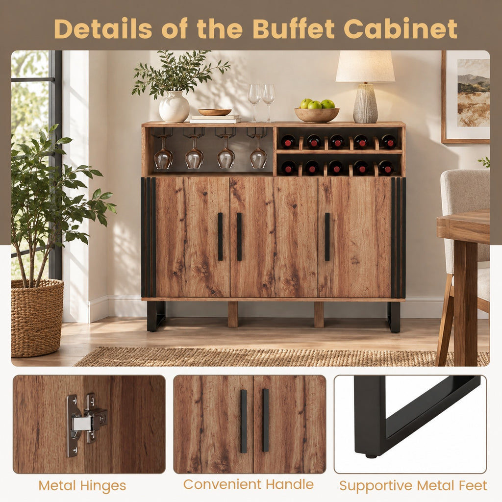 Airfind Home Wine Bar Cabinet with 3 Doors and Adjustable Shelves, 110 lbs Capacity, Engineered Wood MDF Frame, 47in x 16in x 37.5in Footprint, Brown