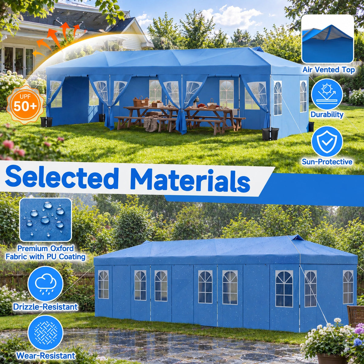 Airfind 10 x 30 FT Pop Up Canopy Tent with 8 Sidewalls and Adjustable Height, PE Metal Fabric Frame, 30 x 10 x 8.5/8.2/7.9 ft Footprint, Blue