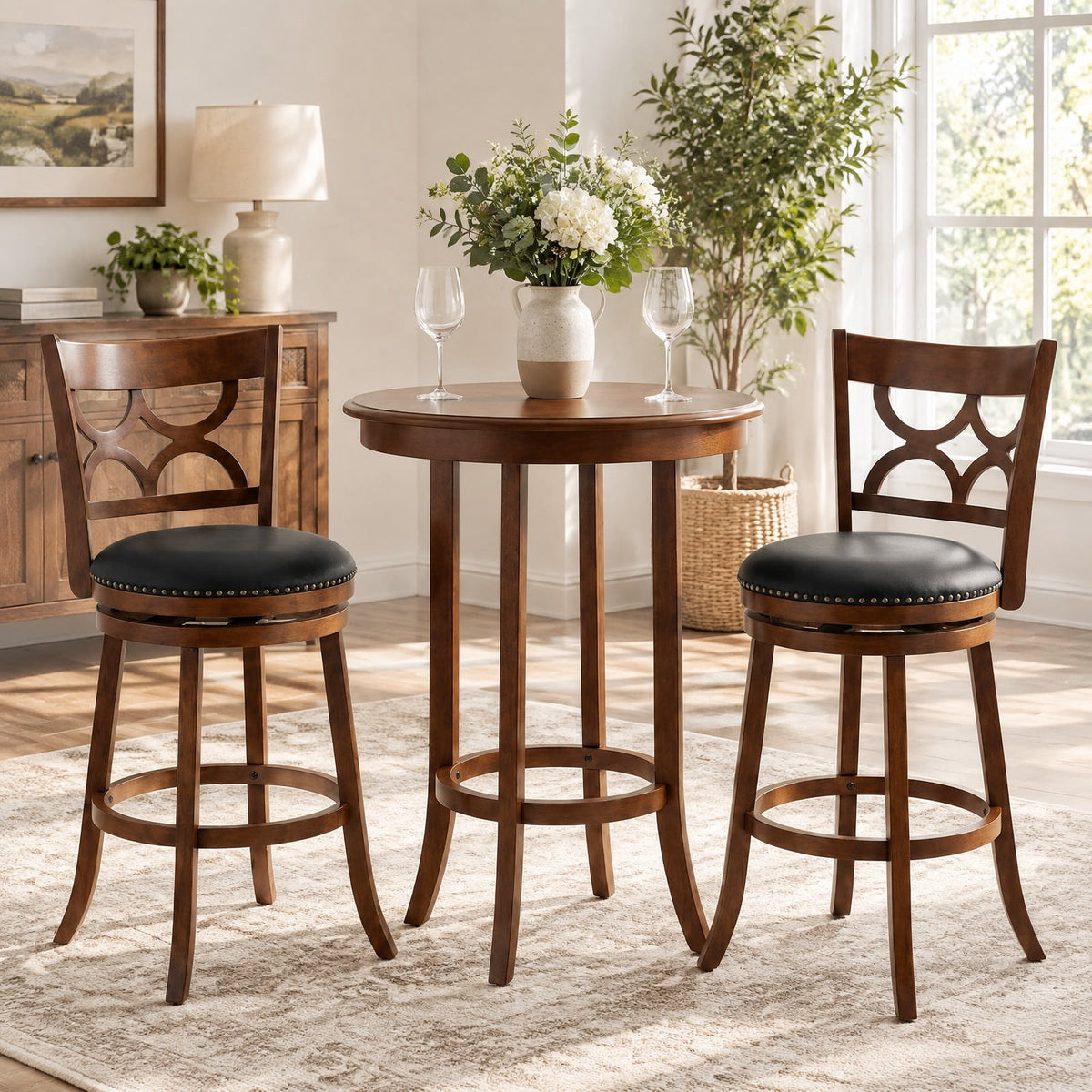 Airfind Swivel Bar Stools Set of 2 with High Backrest and Wood Frame-29 Inches, 330 lbs Capacity, Rubber Wood PVC Leather Sponge Frame, Expresso