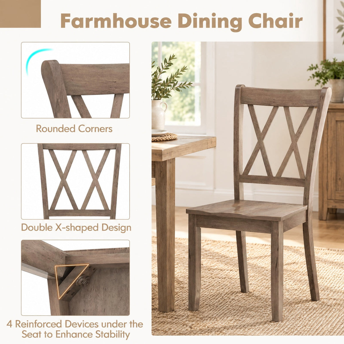 Airfind Set of 2 Wooden Dining Chairs Mid Century Farmhouse Retro Kitchen Chairs, 300 lbs Capacity, Rubber Wood Frame, 20 x 23.5 x 39 Footprint
