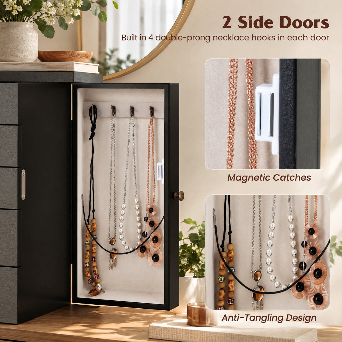 Airfind 2 Colors Armoire Storage Standing Jewelry Cabinet with Mirror, MDF Glass Frame, 12.5 x 8.5 x 34 Footprint, Black