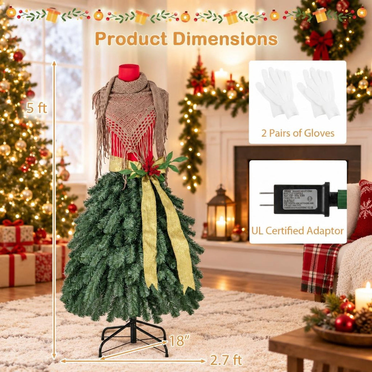 Airfind 5 FT Pre-lit Mannequin Artificial Christmas Tree Dress Form Xmas Tree, PVC Metal Tree Height 5 ft Tree Width 2.7 ft Frame, Green Red