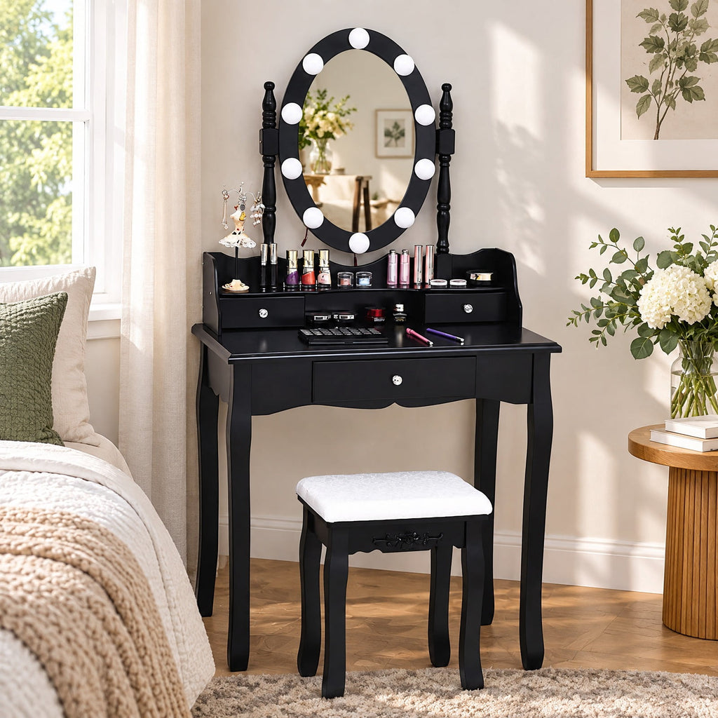 Airfind Oval Mirror Vanity Set with 10 LED Dimmable Bulbs and 3 Drawers, 287 lbs Capacity, MDF Pine Frame, Black