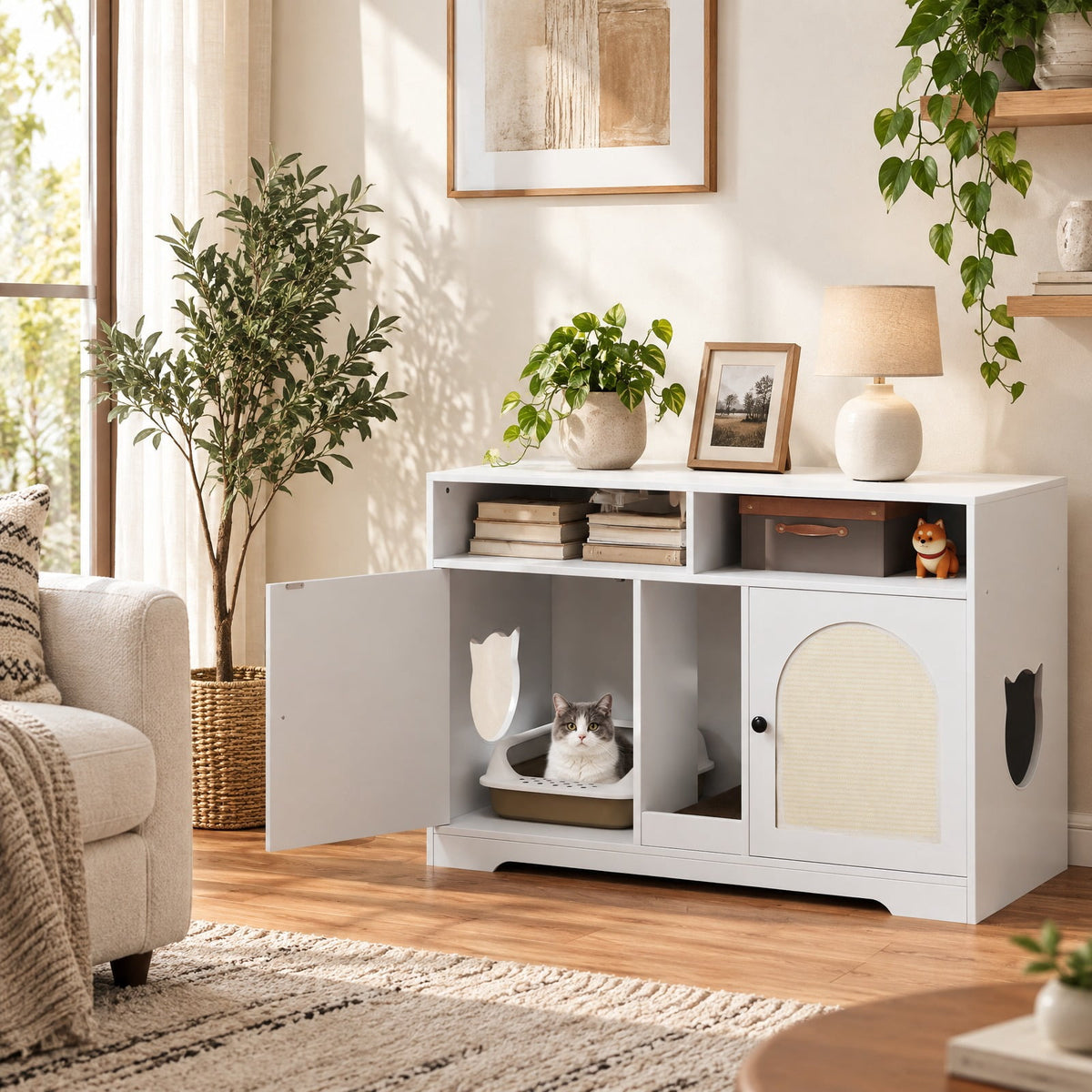 Airfind 43 Inches Cat Litter Box Enclosure with Storage and Double Rooms, Engineered Board Frame, 43in x 20in x 29in Footprint, White