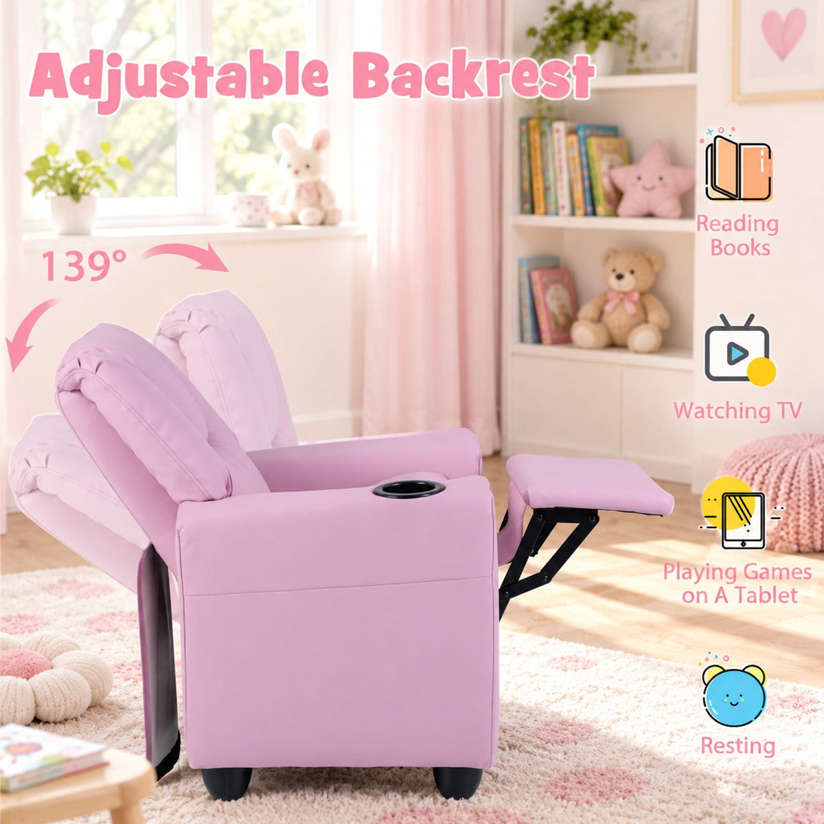 Airfind Kids Recliner Chair Push Back Toddler Reclining Armchair with Cup Holder, 150 lbs Capacity, Wood Frame, for 3+ years old, PInk