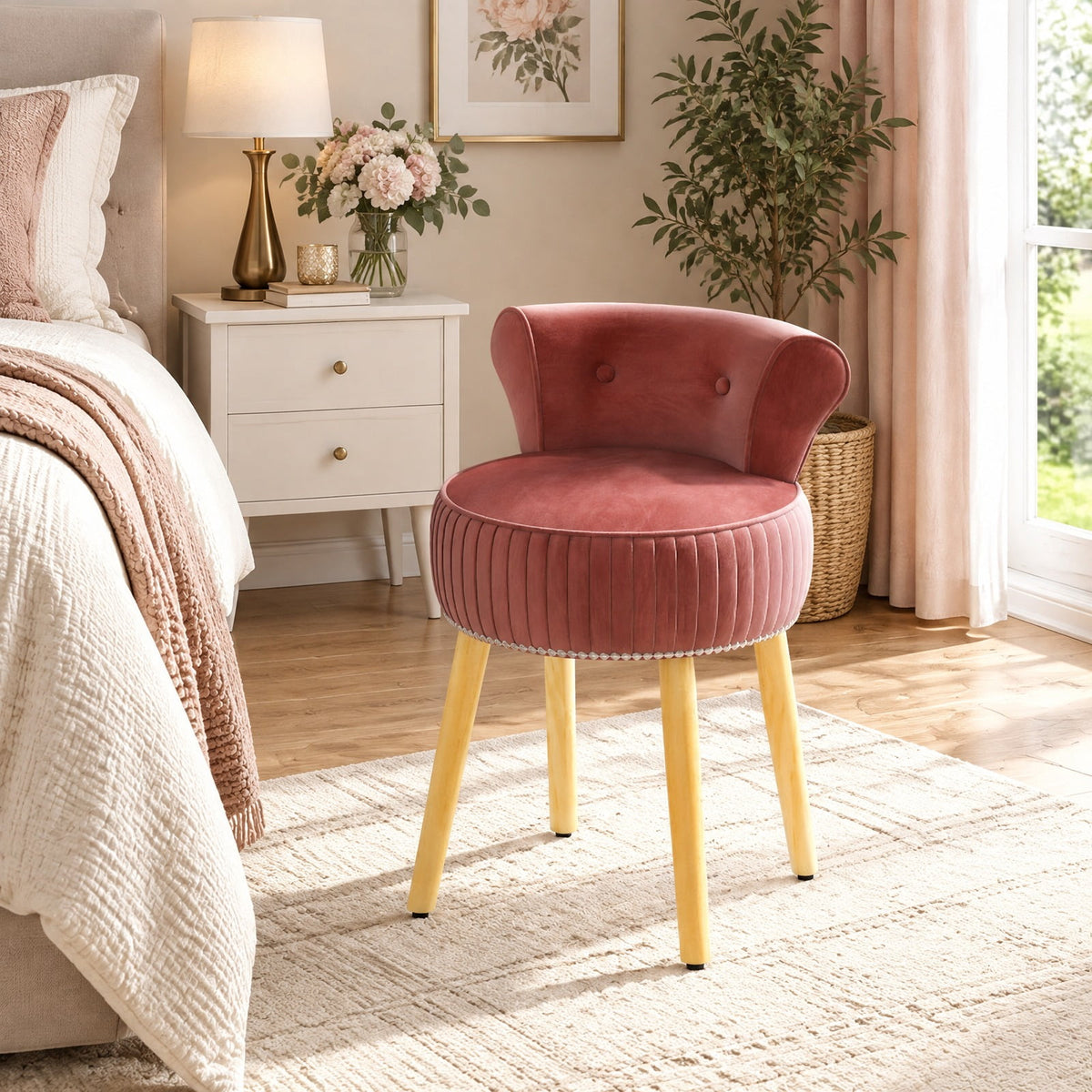 Airfind Velvet Vanity Chair with Back Upholstered Vanity Stool with Tufted Low Back and Solid Wood Legs, 234 lbs Capacity, Rubber Wood Frame, Pink