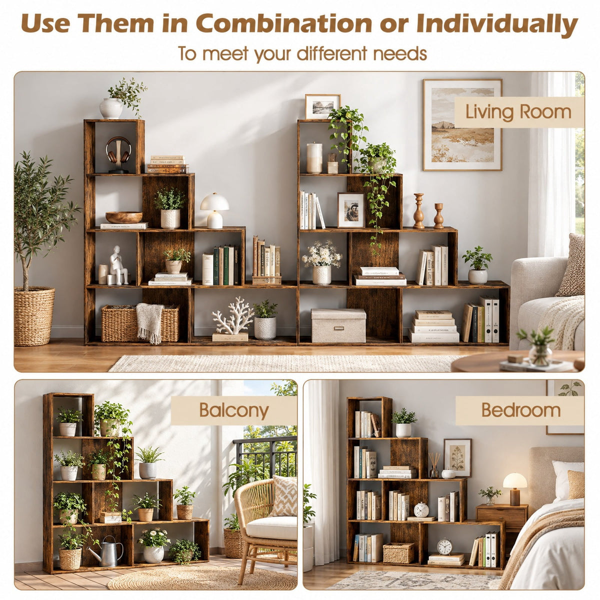 Airfind 4-Tier Stepped Bookshelf Freestanding Ladder Storage Shelf with 6 Cubes, 400 lbs Capacity, Engineered Wood Frame, 60in x 11in x 64in Footprint