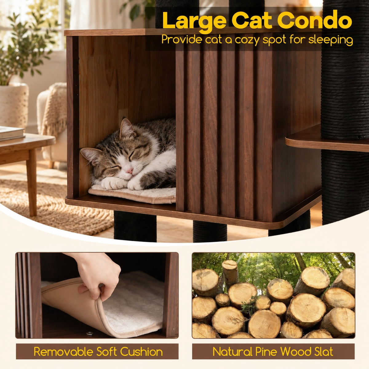 Airfind 53.5 inch Tall Cat Tree for Indoor Cat Wooden Cat Tower Top Perch with Soft Padding, 23in x 23in Cat Condo Footprint, Brown