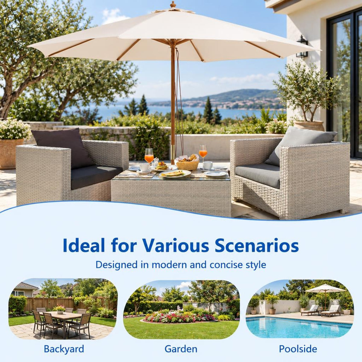 Airfind 10 Feet Patio Umbrella with 8 Wooden Ribs and 3 Adjustable Heights, 180G polyester fabric PP bamboo wood Frame, Beige