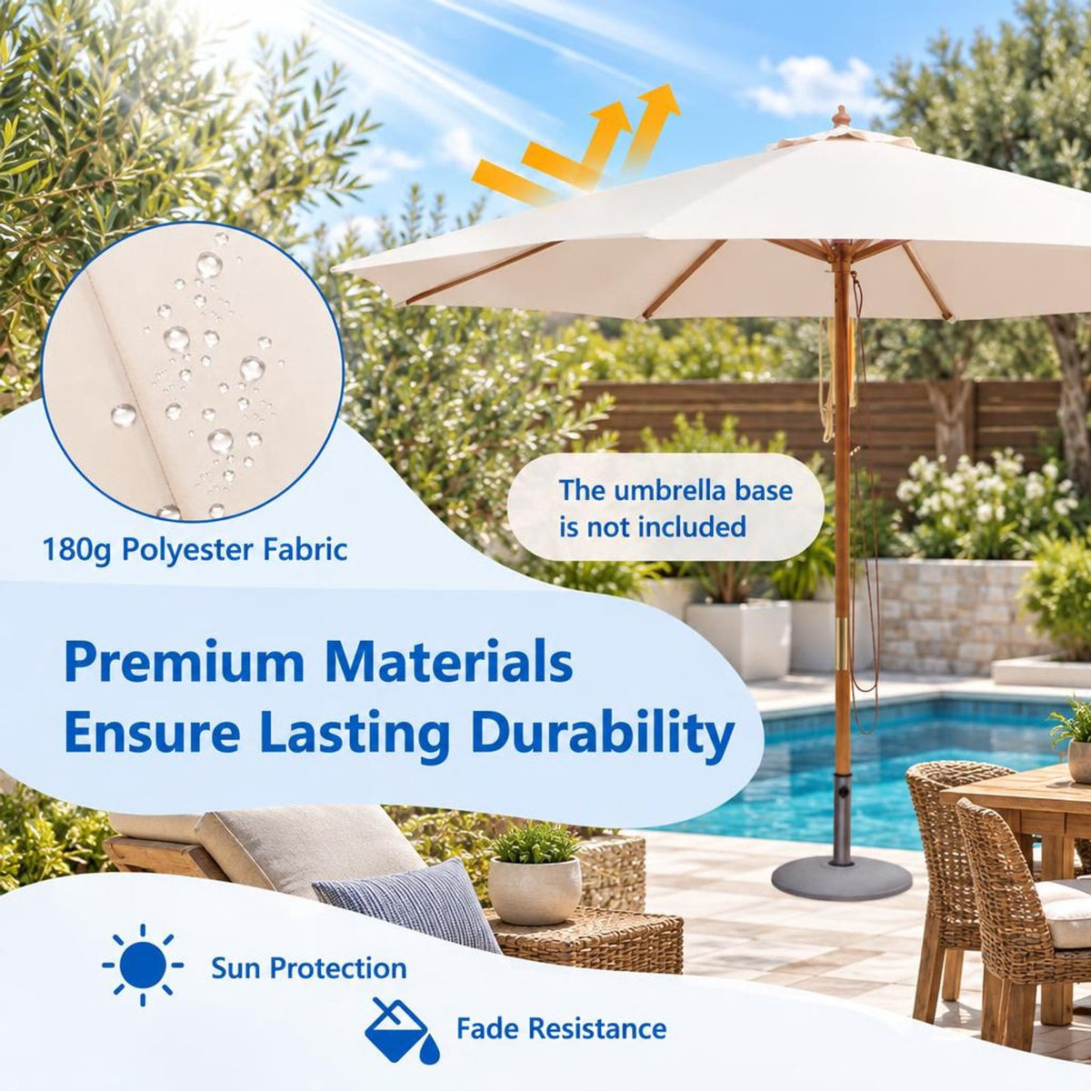 Airfind 10 Feet Patio Umbrella with 8 Wooden Ribs and 3 Adjustable Heights, 180G polyester fabric PP bamboo wood Frame, Beige