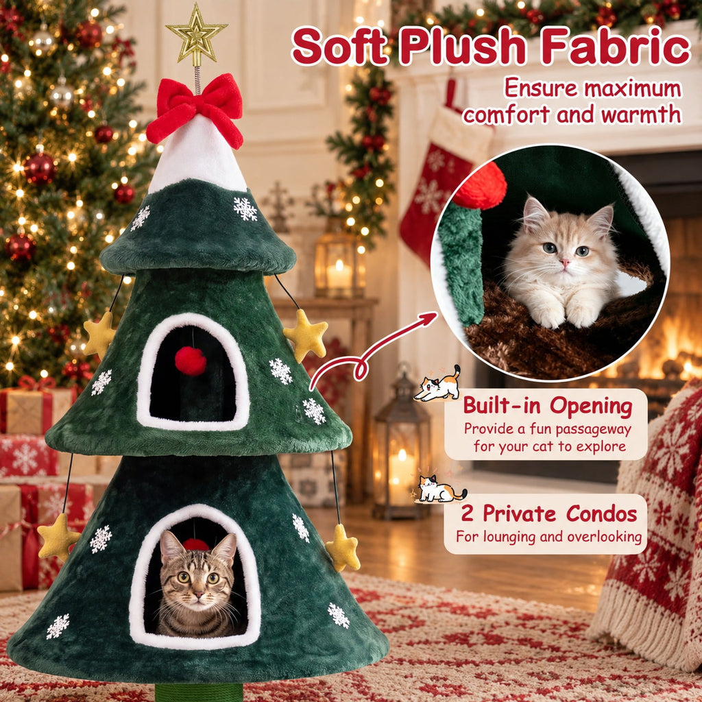 Airfind 54 Inch Christmas Cat Tree featuring 2 Private Condos for Indoor Cats, 22 lbs Capacity, Plush Fabric Frame, 23 Inch x 23 Inch x 54 Inch Footprint, Green