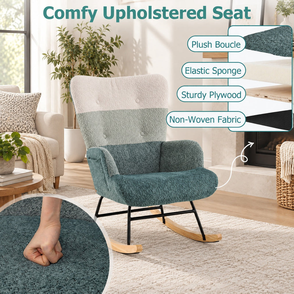 Airfind Nursery Rocking Chair with Ergonomic Armrests and High Backrest, 250 lbs Capacity, Boucle Sponge Metal Plywood Rubber Wood Frame, Colorful