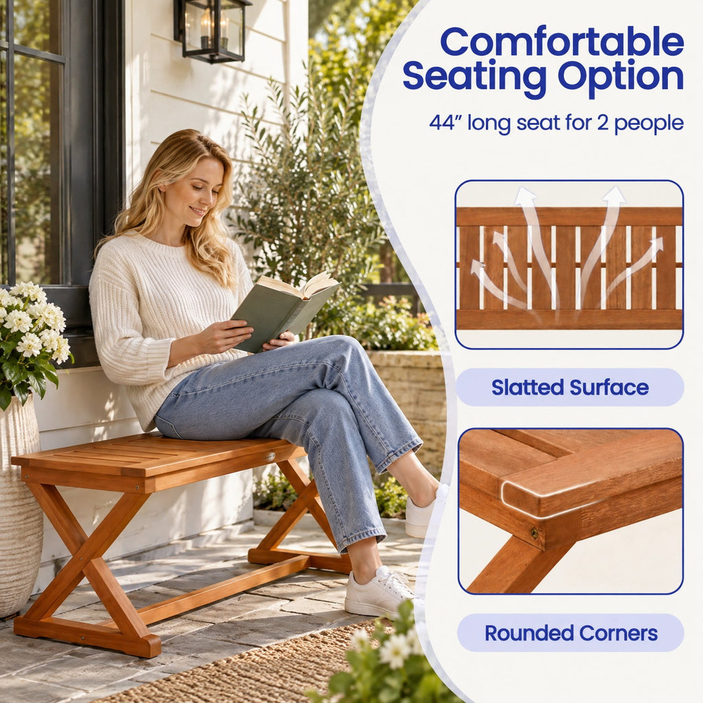 Airfind 2-Person 44 Solid Wood Outdoor Bench with Slatted Seat for Patio Park Balcony-1 Piece, 44 x 16.5 x 17Weight Footprint, Wood