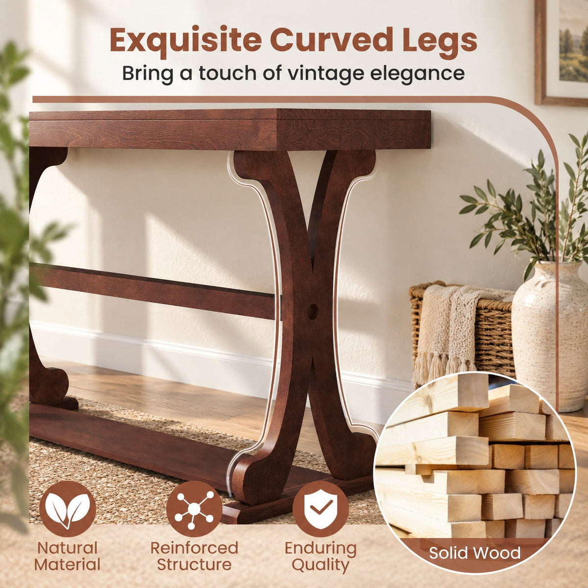 Airfind Narrow Console Table Vintage 52 Inch Long with Open Storage Shelf, 220 lbs Capacity, Solid Wood MDF Frame, 52 x 17 x 30 Footprint, Walnut