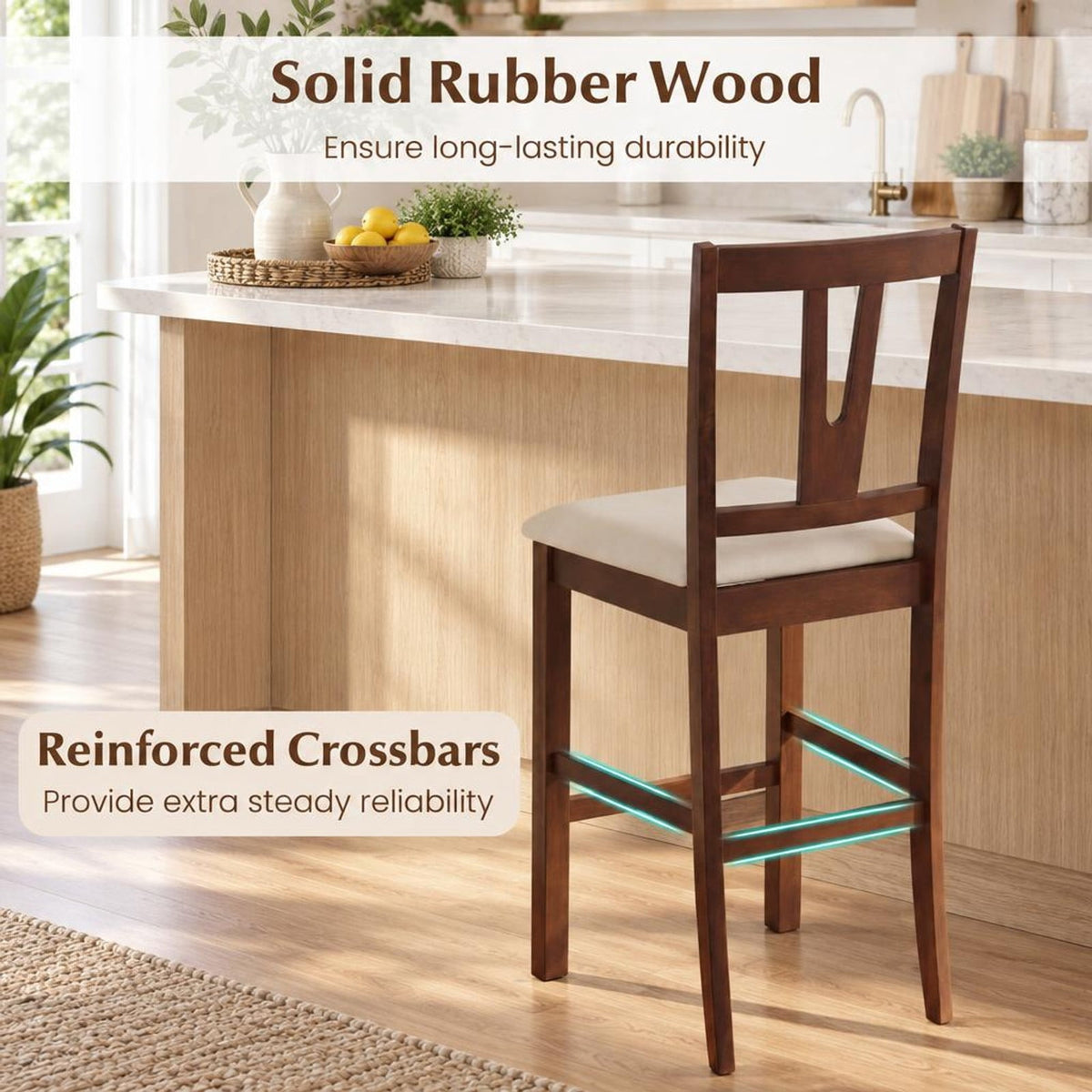 Airfind Counter Height Bar Stools with Contoured V-back-set of 2, Stool 330 lbs Capacity, Rubber Wood Faux Linen Fabric Sponge Frame, Unspecified