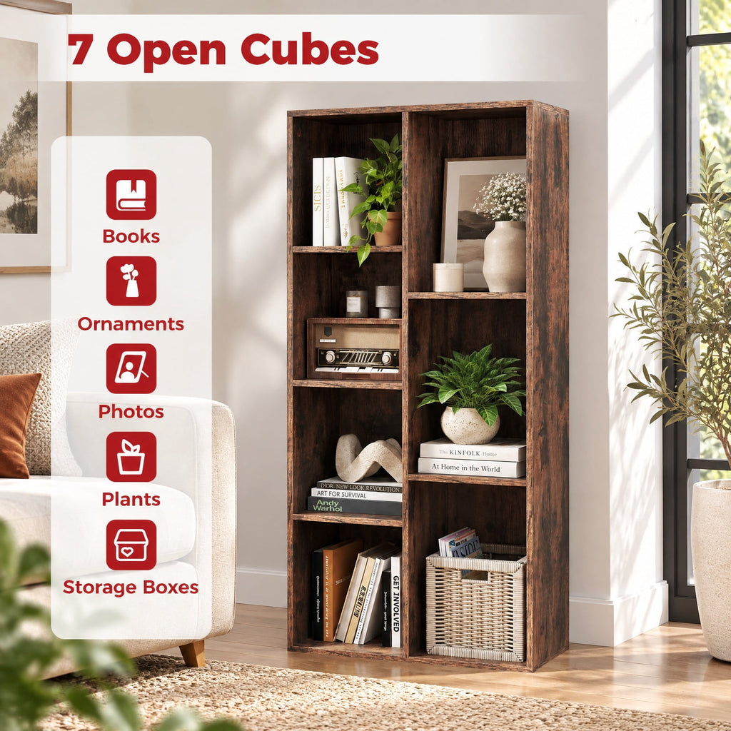 Airfind Vertical or Horizontal Freestanding Bookshelf with 7 Compartments, 176 lbs Capacity, Engineered Wood MDF Frame, 19.5 x 9 x 42 Footprint