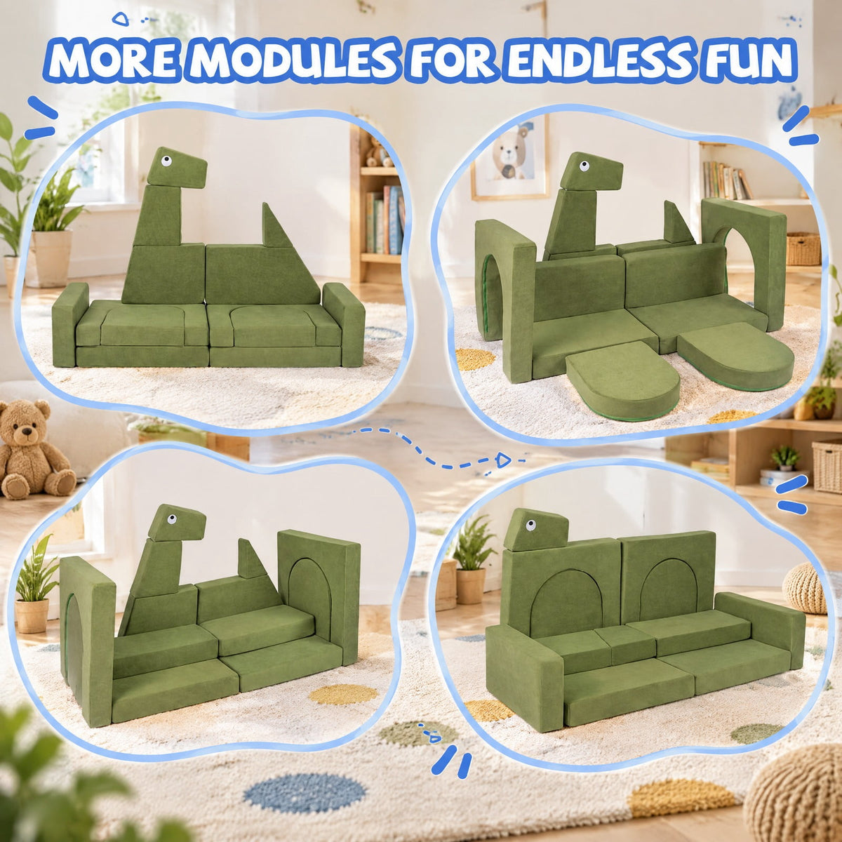 Airfind 13 Pieces Modular Youth Play Couch for Inspiring Creativity, Velvet Fabric, for 3 and Years Old, 56 Inch X 23.5 Inch X 38.5 Inch, Dinosaur, Unspecified