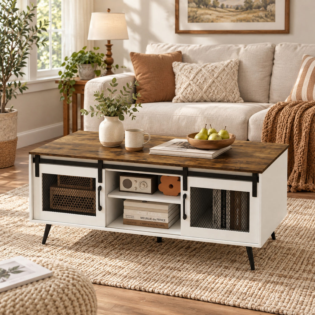 Airfind Farmhouse Coffee Table with Sliding Doors Rectangular with Adjustable Shelf, 100 Lbs Capacity, Engineered Wood Metal, Coffee