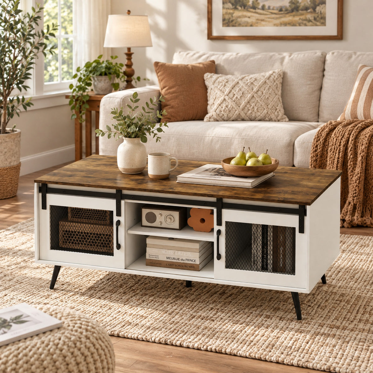 Airfind Farmhouse Coffee Table with Sliding Doors Rectangular with Adjustable Shelf, 100 Lbs Capacity, Engineered Wood Metal, Coffee