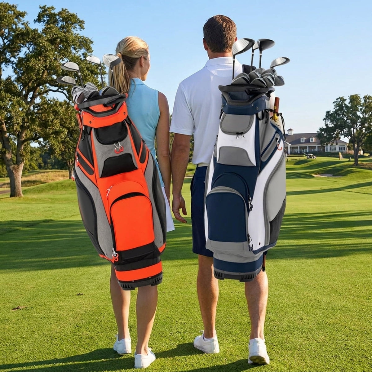Airfind Golf Cart Bag with 9-Way Top and Insulated Cooler Pocket featuring matching headcovers with a velour-lined valuables pocket for cart-mounted rounds, Red