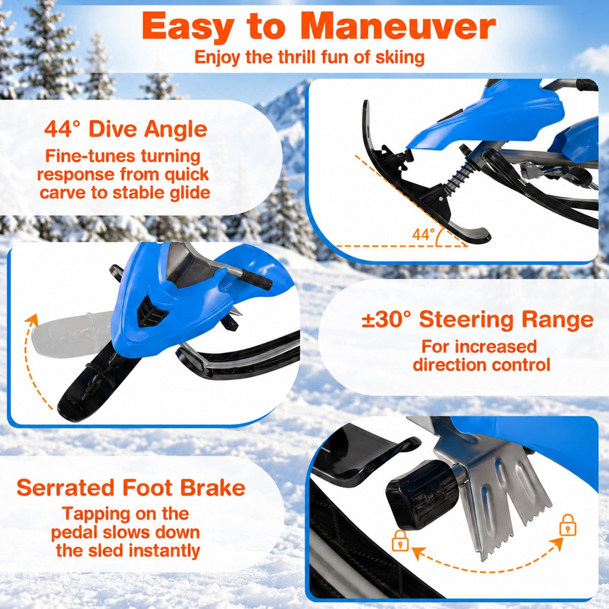 Airfind Kids Snow Racer Sled with Brakes and Tow Ropes and Steering Handle for Winter, 90 lbs Capacity, PP Metal Frame, for 6-12 Years Old, Blue