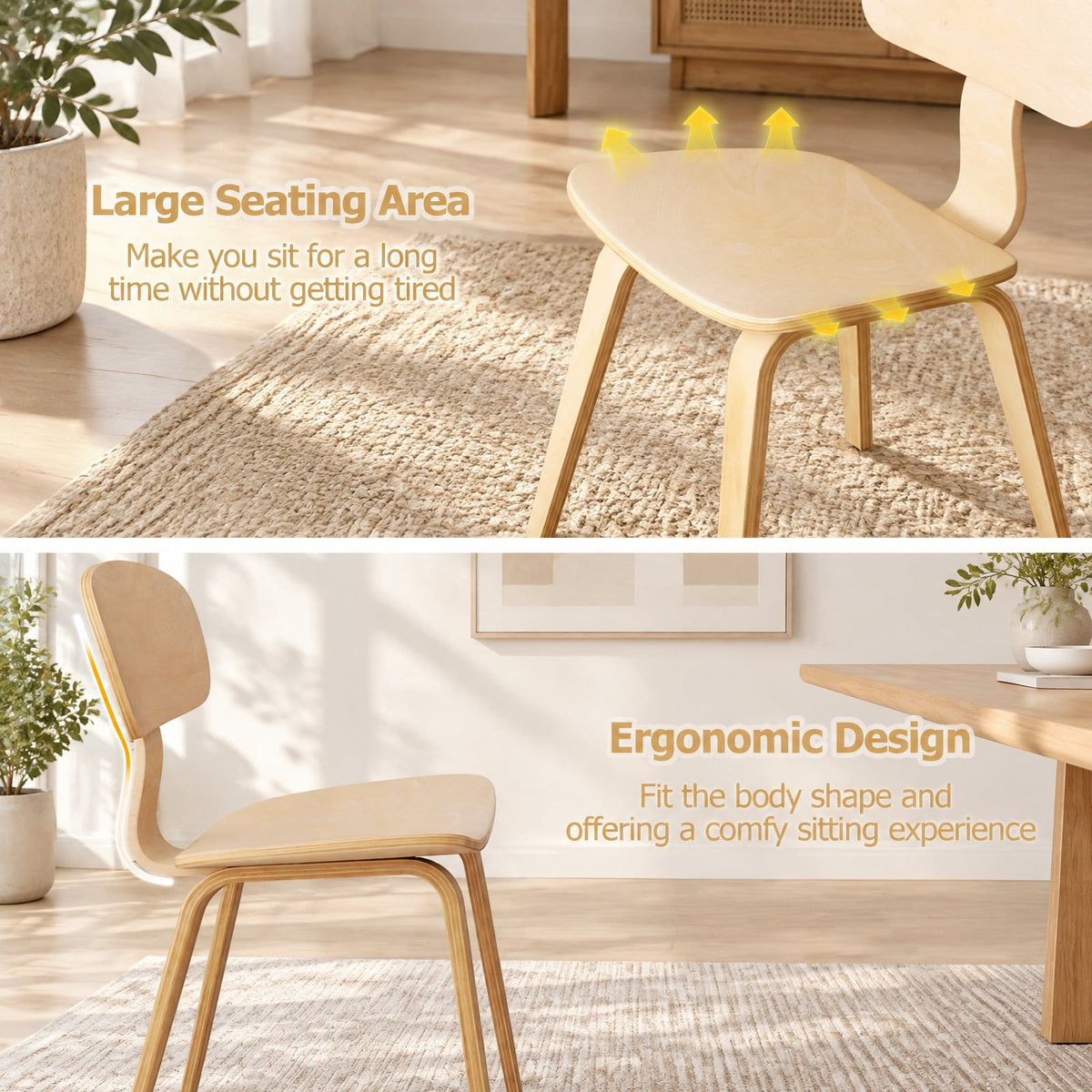Airfind Modern Dining Chair Set of 2 with Wide Seat, 330 lbs Capacity, Bentwood Rubber Wood Frame, 17in x 20.5in x 31.5in Footprint, Natural
